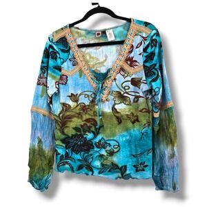 Forbidden Long Sleeve Boho Floral Print Lace Trim V Neck Tie Blouse Top Y2K‎